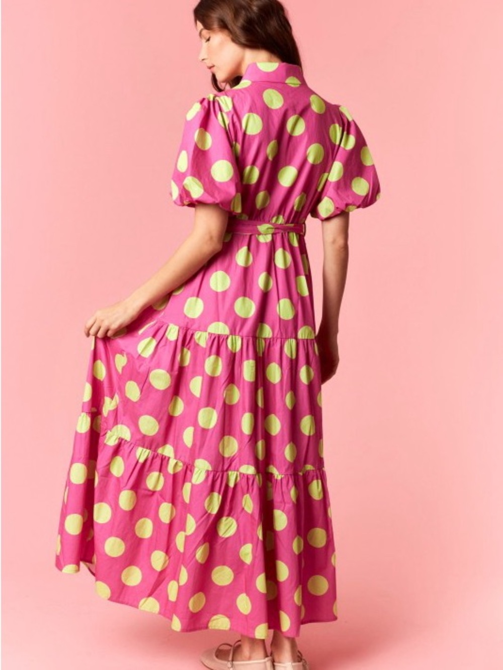 NWT PINK POLKA DOT COTTON POPLIN PRINTED PUFF SLEEVE MAXI DRESS POCKETS - Picture 6 of 9